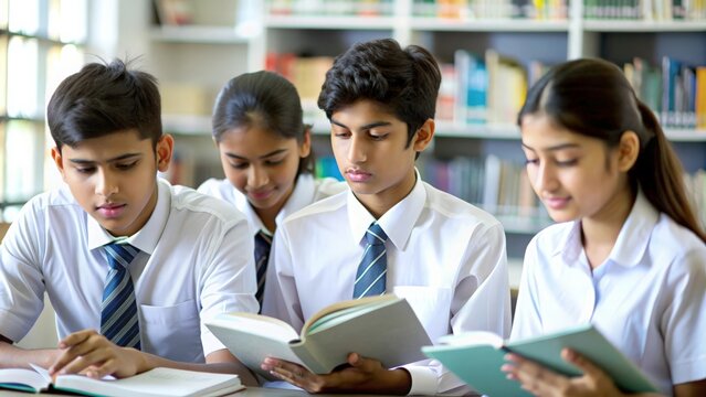 Four secondary students reading together at a library table